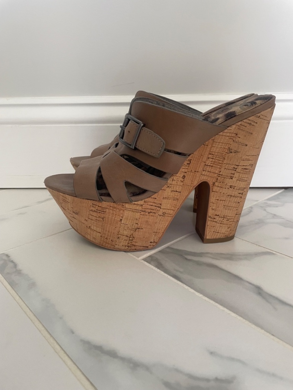 Sam Edelman Chase Cork Platform Sandals Taupe Leather High Heel Wedges - Picture 7 of 9